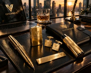 Premium gold accessories including lighter, cufflinks and pen arranged in a luxury desk setup for gifting