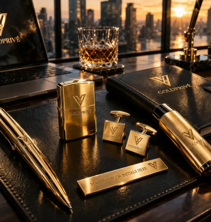 Premium gold accessories including lighter, cufflinks and pen arranged in a luxury desk setup for gifting
