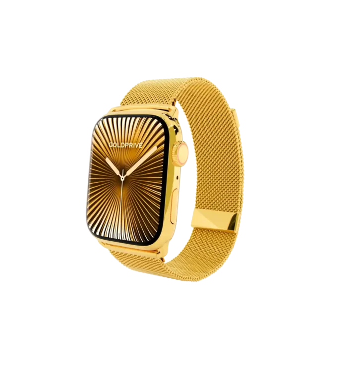 Side view of gold Apple Watch Series 11 Milanese Link Bracelet with luxury polished design