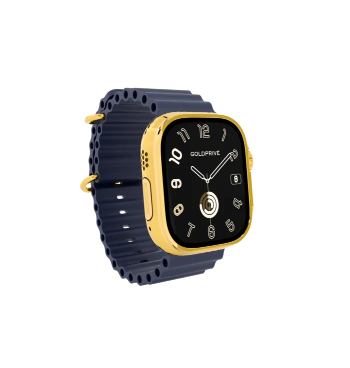 Angle view of Apple Watch Ultra 3 Navy Ocean Band with gold case and premium detailing