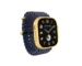 Angle view of Apple Watch Ultra 3 Navy Ocean Band with gold case and premium detailing