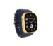 Atlantic Gold Apple Watch Ultra 4 in 24K Gold, three-quarter view on its navy Ocean Band