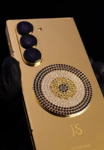 Samsung Galaxy Z Fold7 customized in gold with evil eye design featuring a solid gold center icon and diamond detailing by Goldprive
