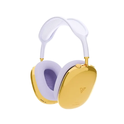 AirPods Max customized with gold ear cups and purple headband for a premium look