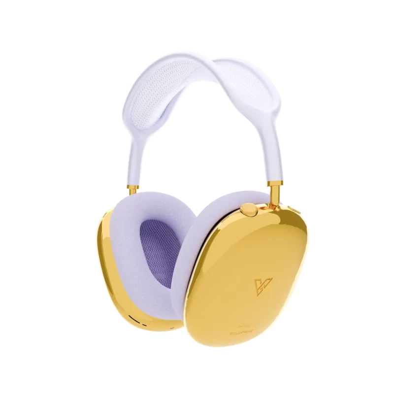 AirPods Max customized with gold ear cups and purple headband for a premium look
