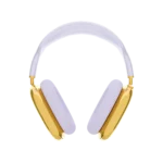 Front view of AirPods Max customized in gold with purple headband