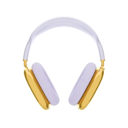 Front view of AirPods Max customized in gold with purple headband