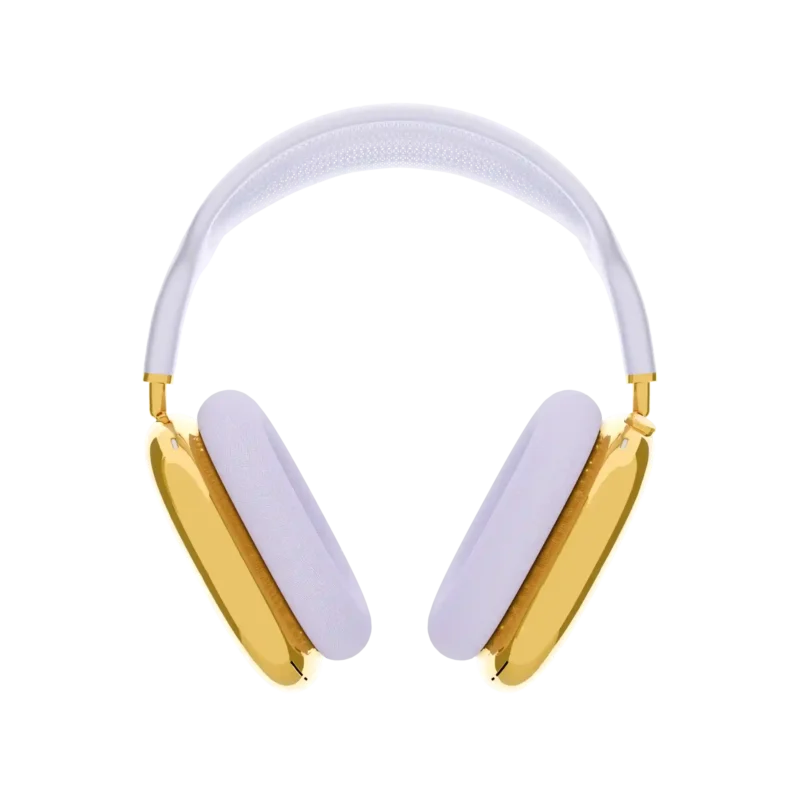 Front view of AirPods Max customized in gold with purple headband