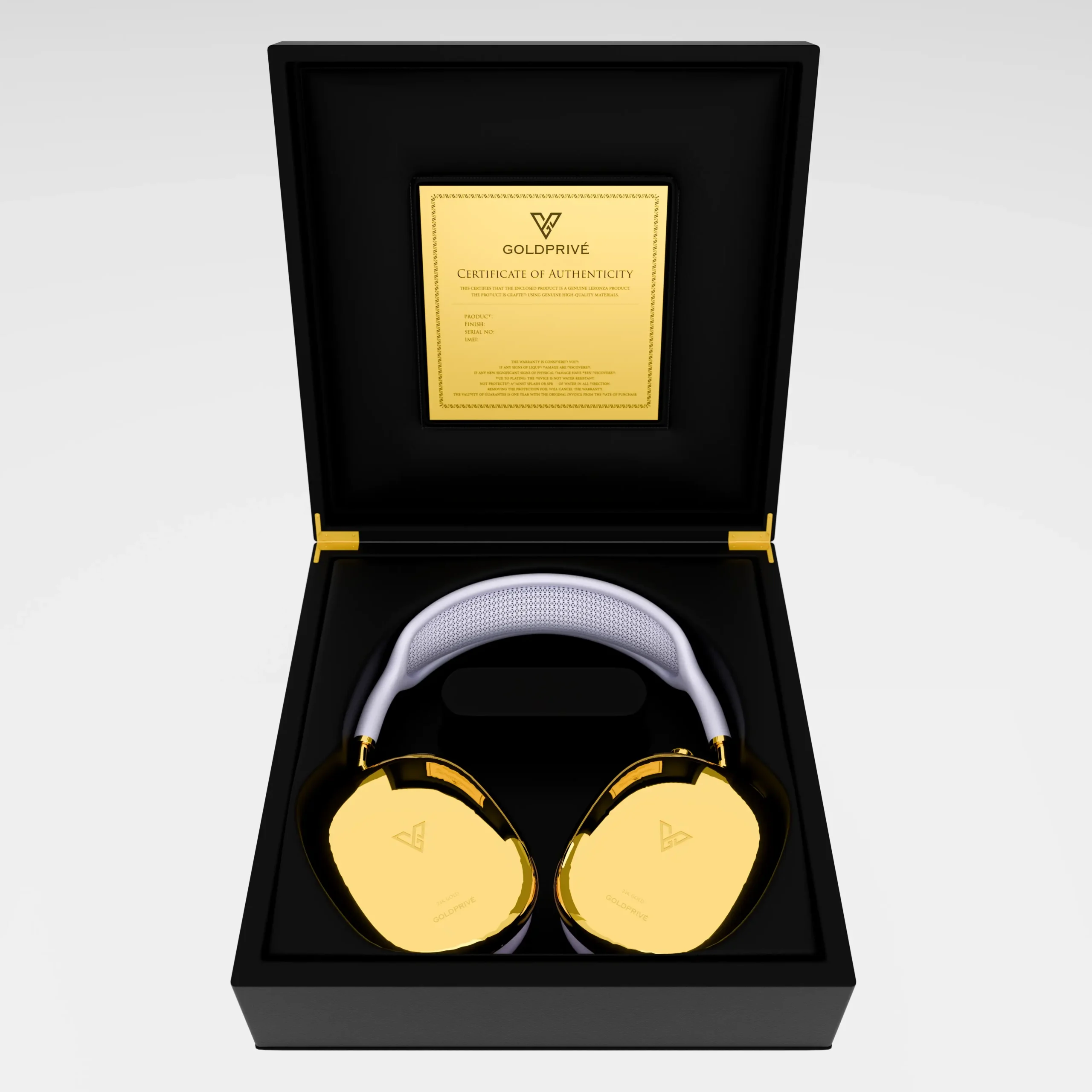 Gold customized AirPods Max in purple edition presented in premium luxury packaging