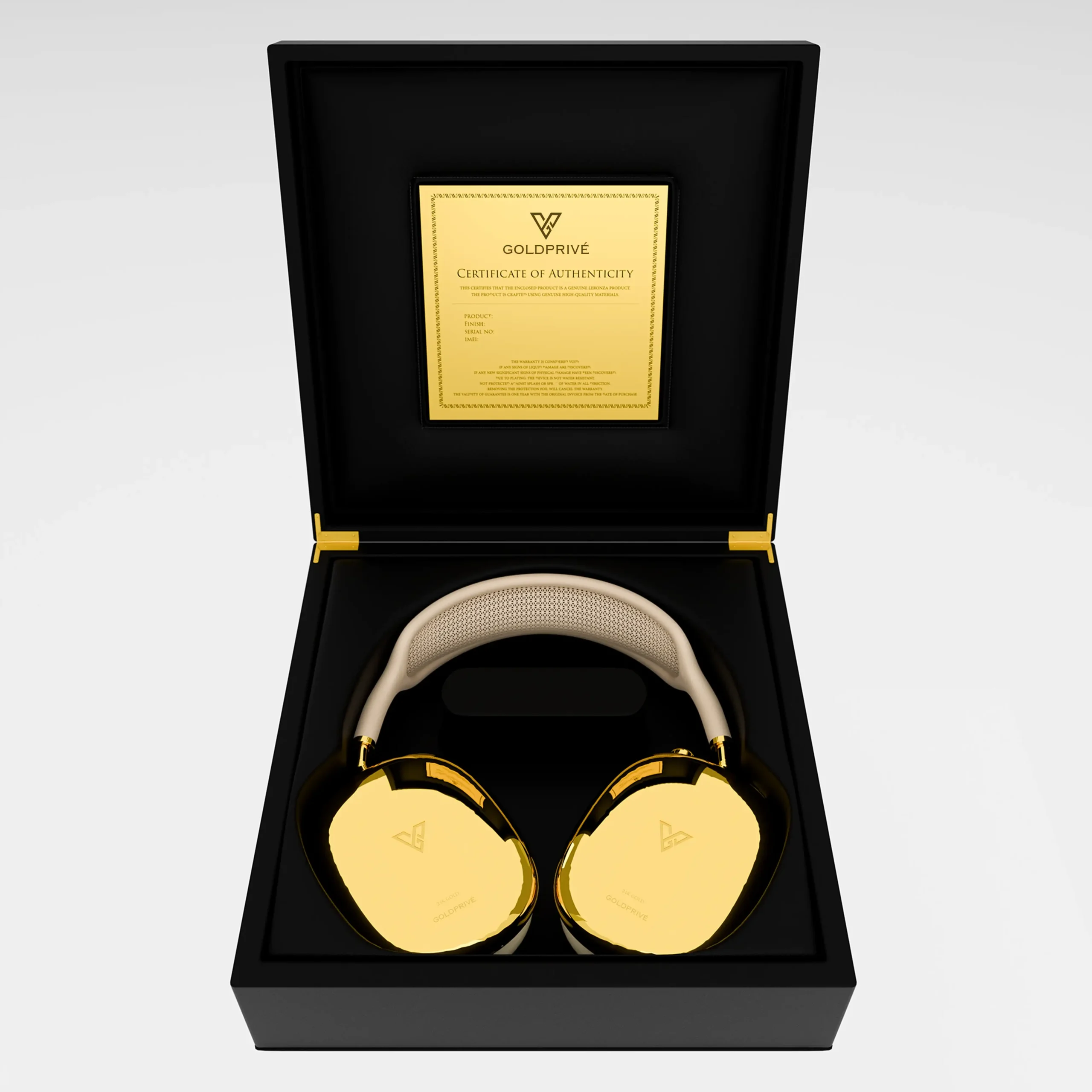 Gold customized AirPods Max in starlight edition presented in premium luxury packaging box