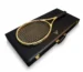 Luxury gold tennis racket presented in premium case showcasing elite sports customization