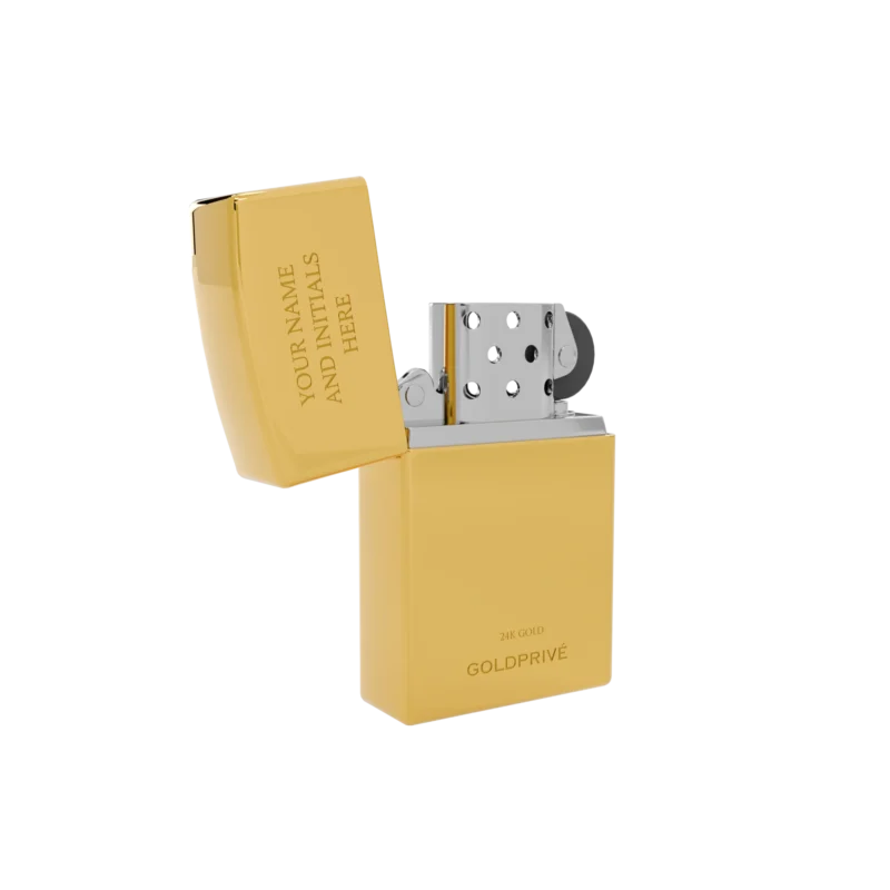24K Gold Zippo Lighter engraving detail — engraved body and luxury gold finish shown at an angle