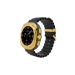 Slate Gold Samsung Galaxy Watch Ultra2 with plated bezel and buttons on Samsung's dark grey Marine Band