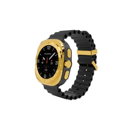 Slate Gold Samsung Galaxy Watch Ultra2 with plated bezel and buttons on Samsung's dark grey Marine Band