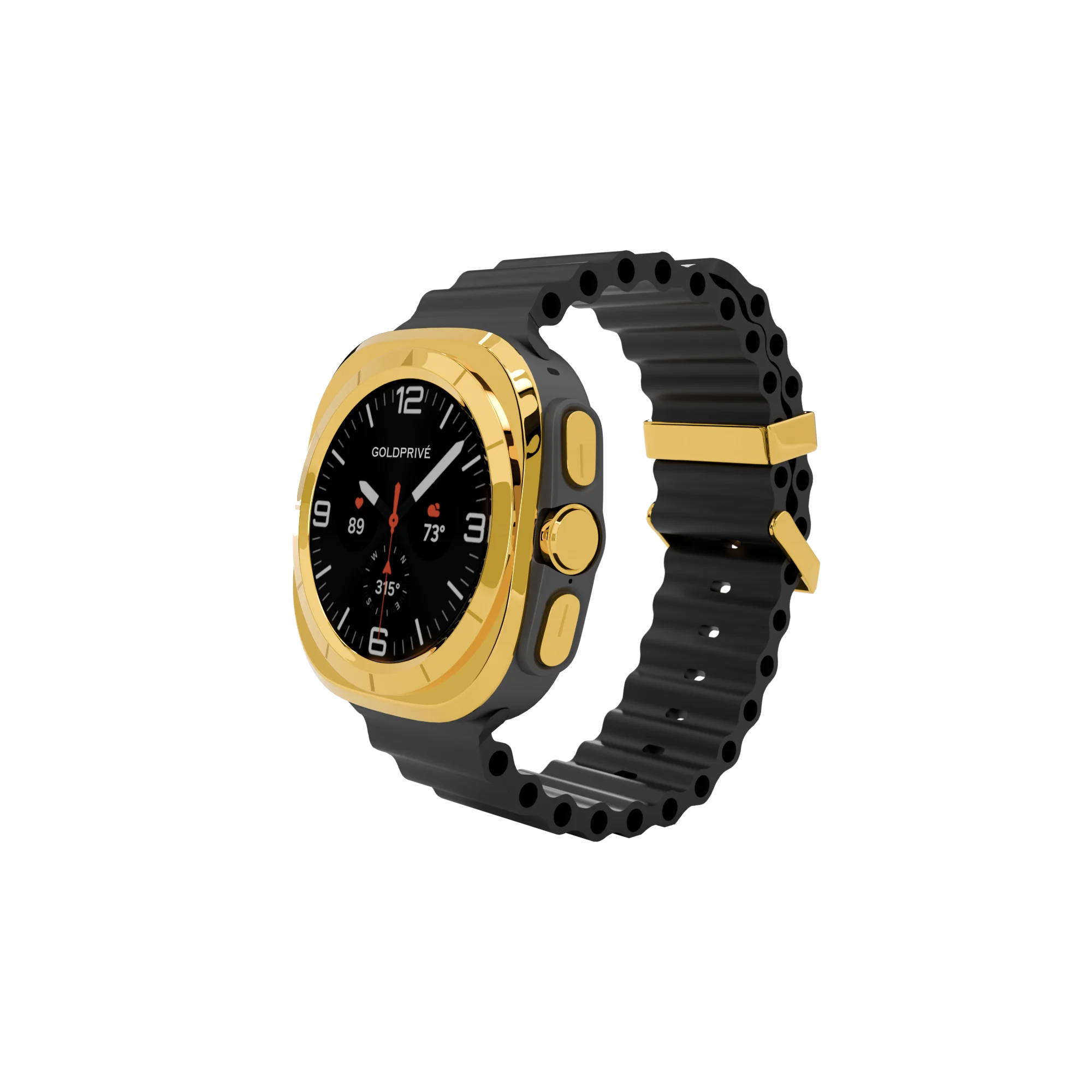Slate Gold Samsung Galaxy Watch Ultra2 with plated bezel and buttons on Samsung's dark grey Marine Band