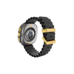 Slate Gold Samsung Galaxy Watch Ultra2 rear view showing the titanium case sides, Samsung's sensor back and the plated buckle and loop