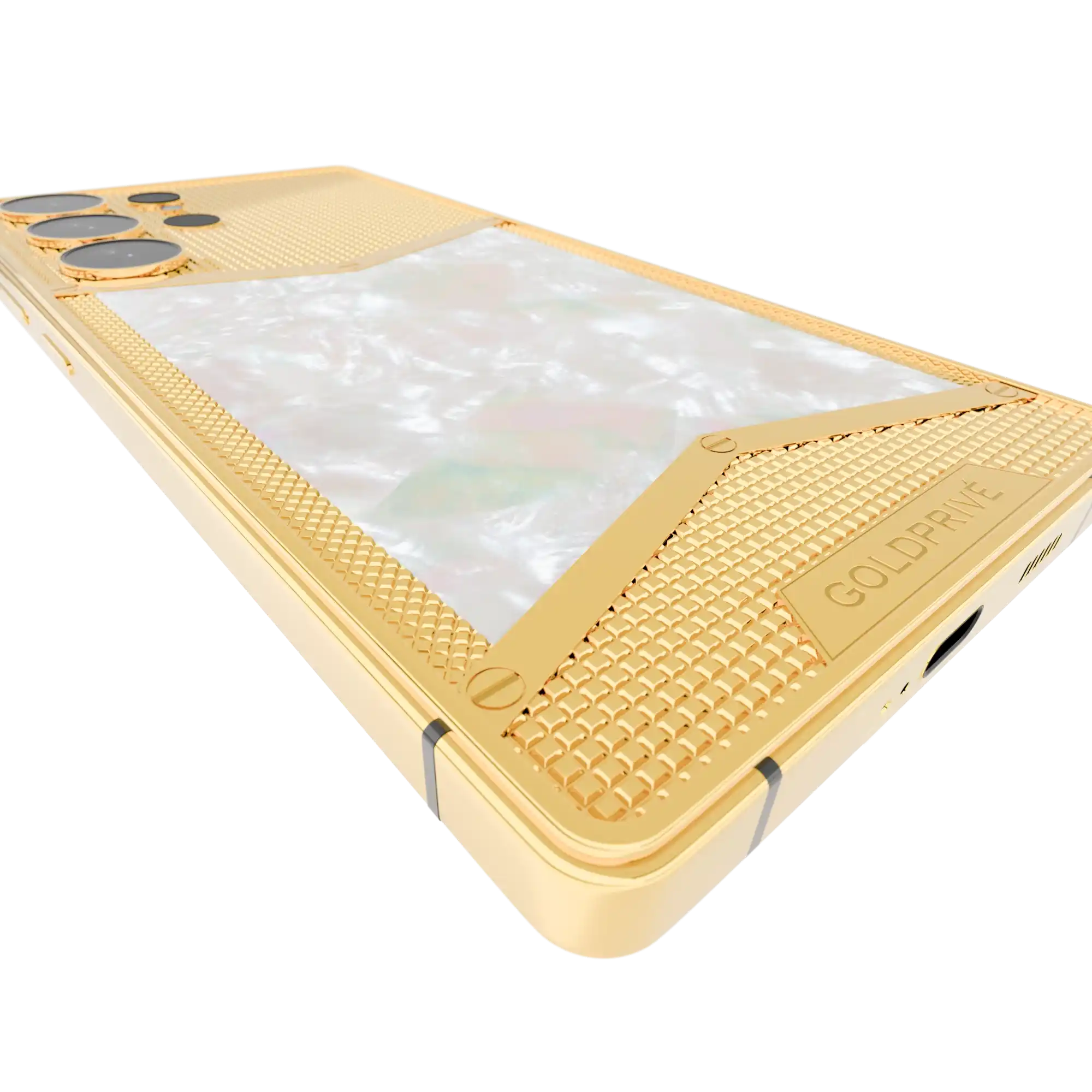 Regal Victory Gold Samsung Galaxy S26 Ultra close-up of mother of pearl between pointed textured metal and the plaque