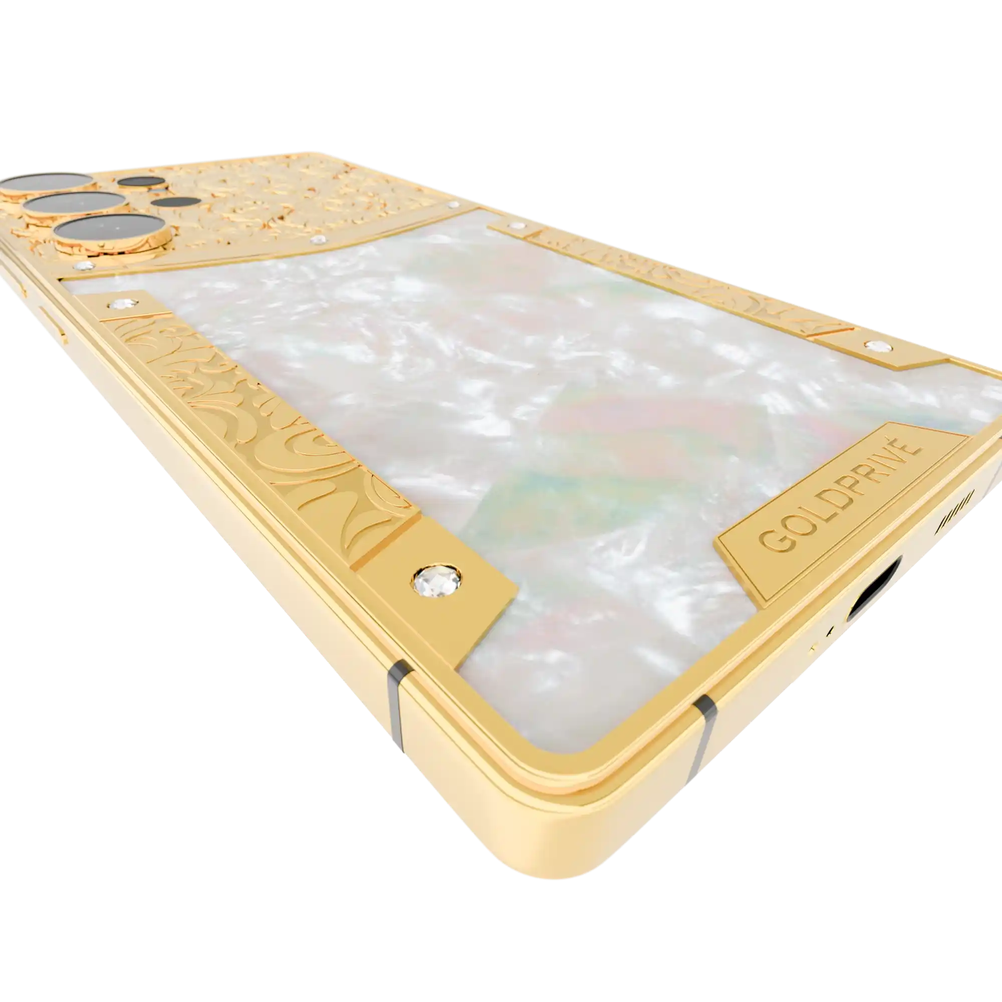 Royal Gold Samsung Galaxy S26 Ultra close-up of the mother of pearl panel meeting the engraved plated band and fixings