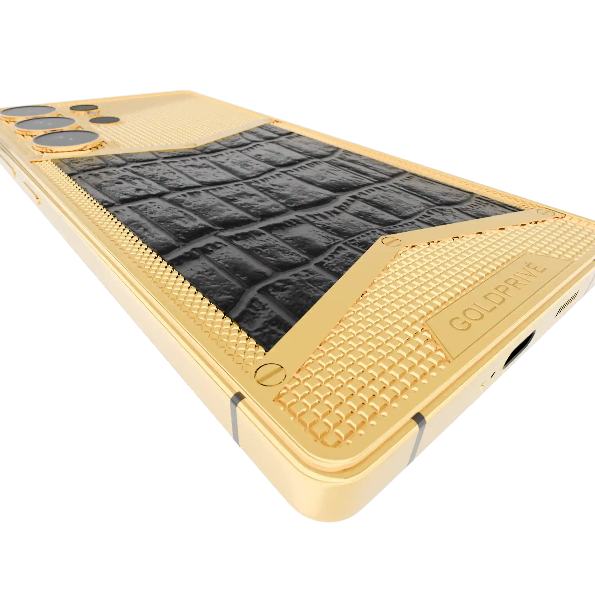 Wild Elegance Victory Gold Samsung Galaxy S26 Ultra close-up of black crocodile leather meeting chevron-edged textured metal and the plaque