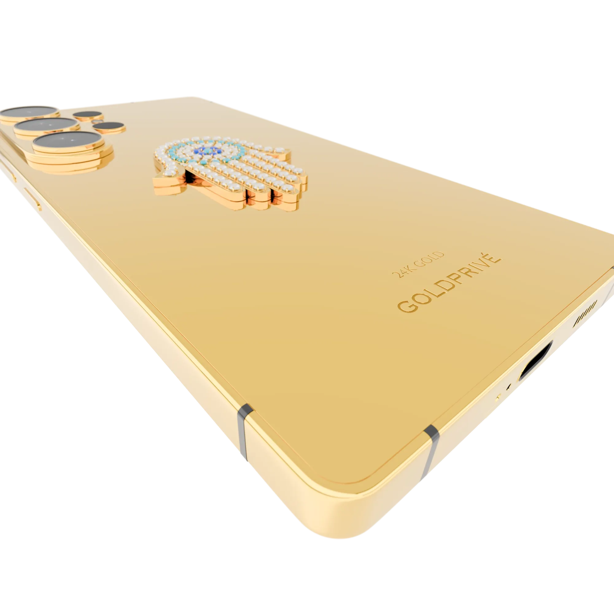 Hamsa Eye Amulet Gold Samsung Galaxy S26 Ultra angled close-up of the amulet raised on the polished 24K Gold back