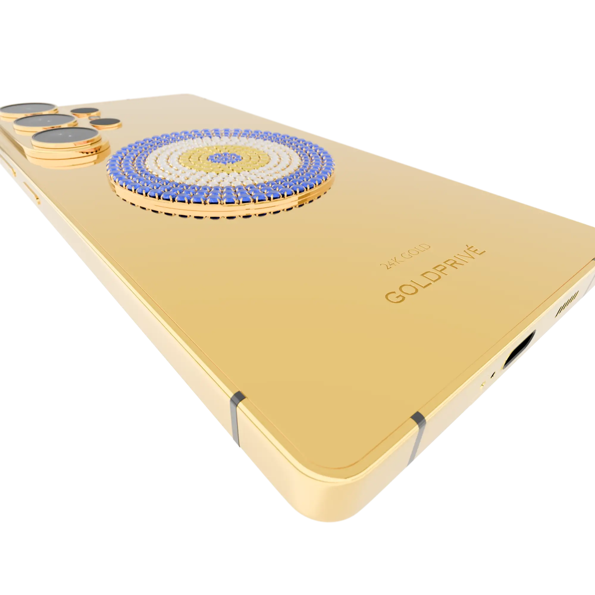 LuxEvil Charm Gold Samsung Galaxy S26 Ultra angled close-up of the round charm raised on the polished 24K Gold back