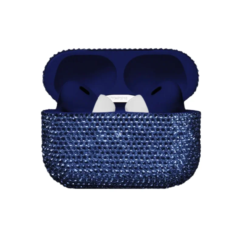 Gold AirPods Pro 3 by GoldPrivé — Sapphire Blue Edition with rich sapphire blue Swarovski crystals