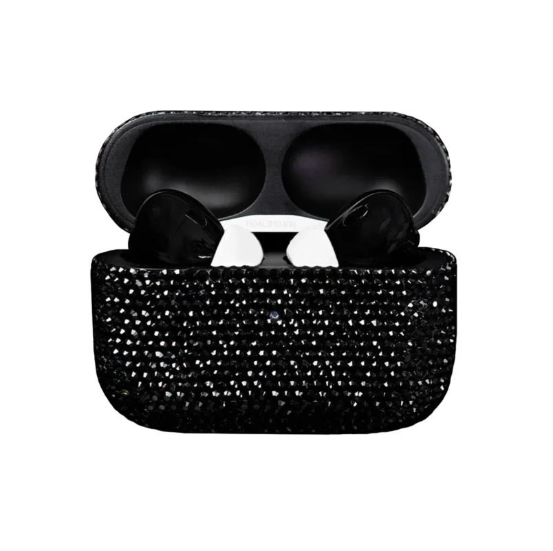Gold AirPods Pro 3 by GoldPrivé — Jet Hematite Edition with dark metallic jet hematite Swarovski crystals