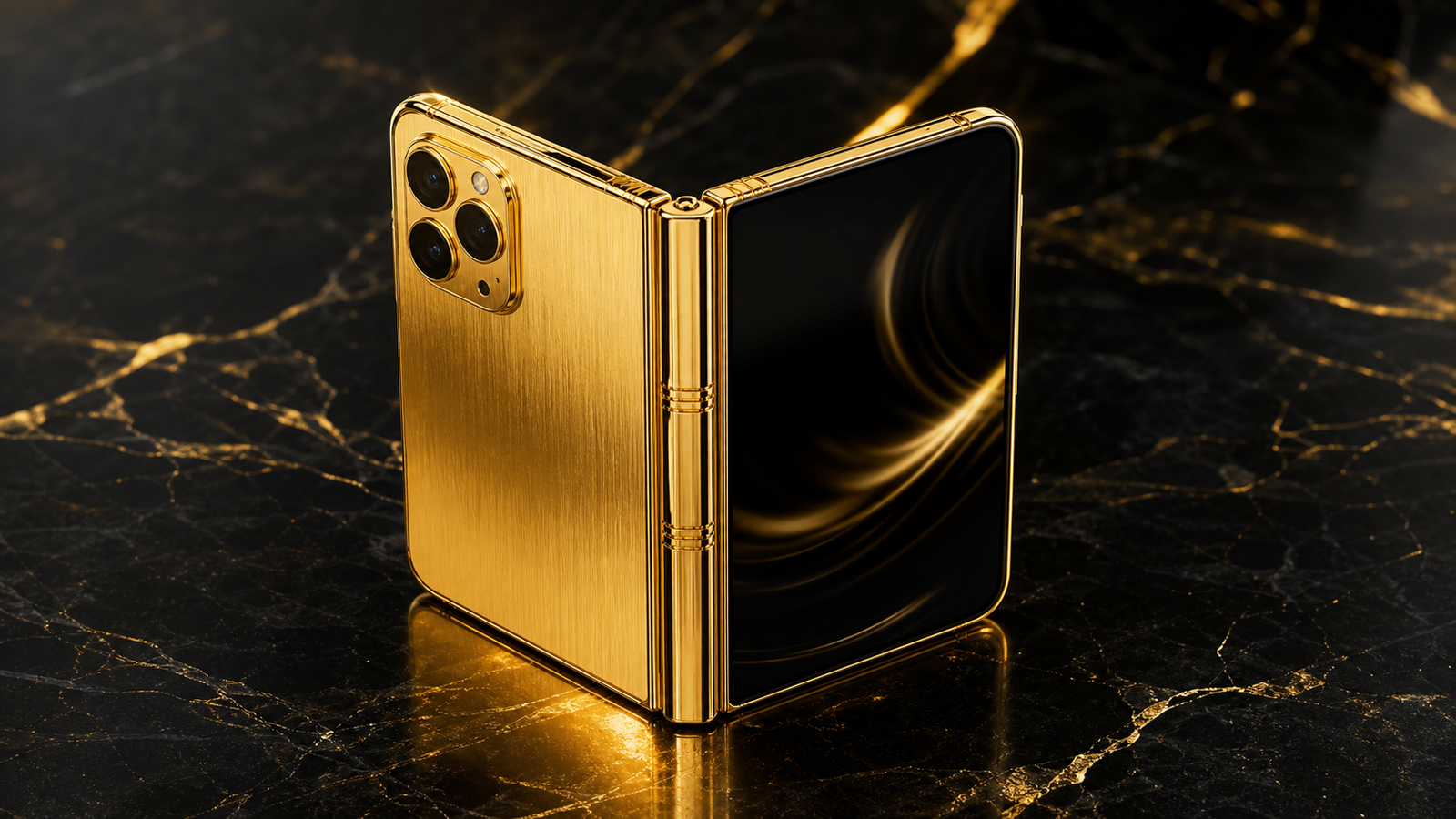 24K Gold Apple iPhone Fold Ultra luxury foldable smartphone concept on black marble