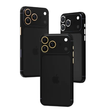 GoldPrivé Onyx Gold iPhone 18 Pro Max in Black Rhodium with leather backplate and gold accents