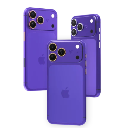 GoldPrivé Amethyst Gold iPhone 18 Pro Max in deep purple glass with 24K gold accents