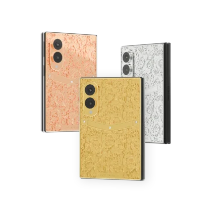 Botanica Gold Samsung Galaxy Z Fold8 in Rose Gold, 24K Gold and Platinum with raised rose scrollwork across each back