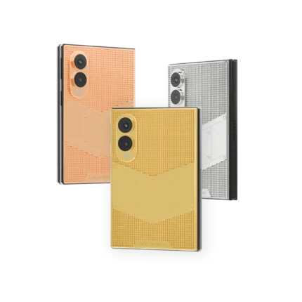 Obelisk Gold Samsung Galaxy Z Fold8 in Rose Gold, 24K Gold and Platinum with hobnail pyramid texture and a smooth chevron plate