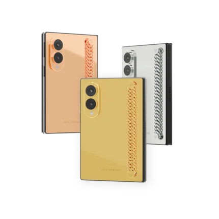 Sovereign Link Gold Samsung Galaxy Z Fold8 in Rose Gold, 24K Gold and Platinum with a curb chain along the right edge of each back