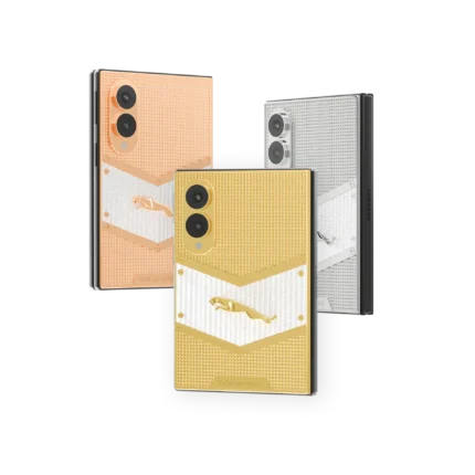 Sovereign Gold Samsung Galaxy Z Fold8 in Rose Gold, 24K Gold and Platinum, each with a jaguar on a pale chevron over a studded back