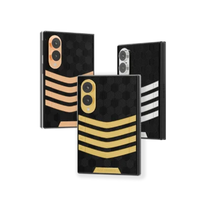 Genesis III Gold Samsung Galaxy Z Fold8 with four curved 24K Gold, Rose Gold and Platinum bars on a black hexagon panel