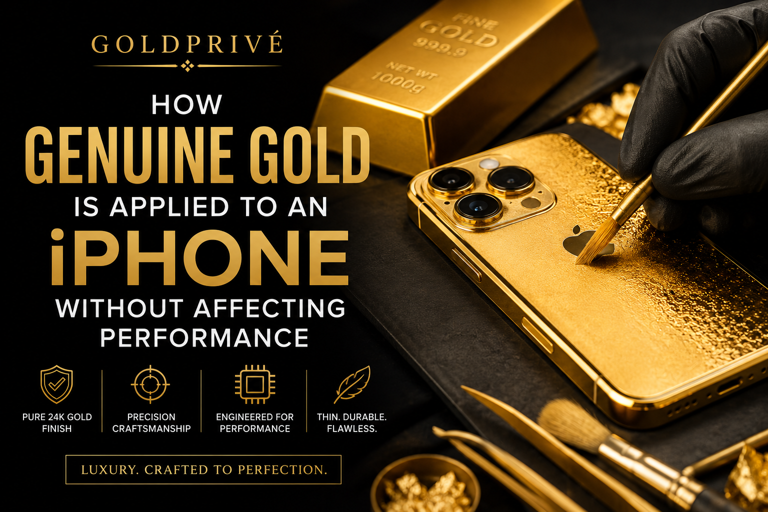 how genuine gold is applied to an iPhone - iPhone 17 Pro Max gold customisation by GoldPrivé