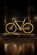 24K Gold Racing Bike by GoldPrivé on a black plinth, gold frame and wheels with a black saddle