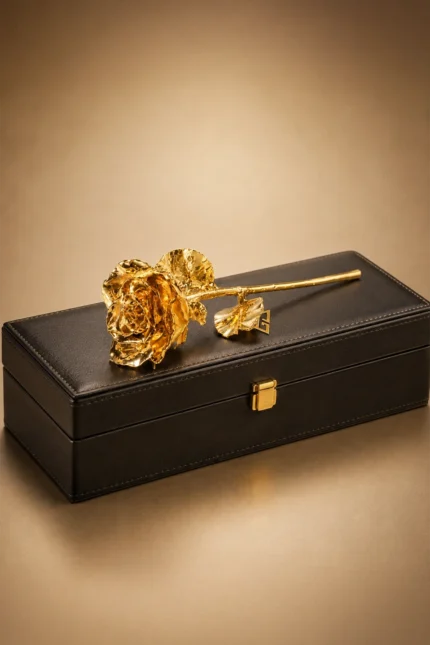 24K Gold-Dipped Rose by GoldPrivé resting on a black leather box beside the emblem, bloom, leaves and stem all in gold