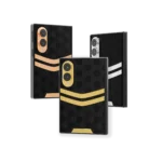 Genesis II Gold Samsung Galaxy Z Fold8 in 24K Gold, Rose Gold and Platinum, each with two curved bars on a black hexagon back