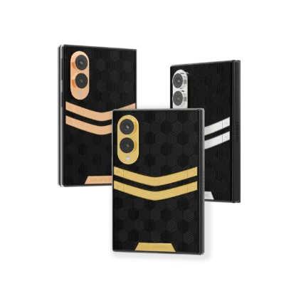 Genesis II Gold Samsung Galaxy Z Fold8 in 24K Gold, Rose Gold and Platinum, each with two curved bars on a black hexagon back
