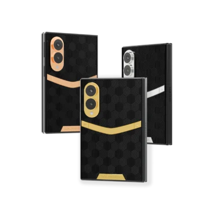 Genesis Gold Samsung Galaxy Z Fold8 in 24K Gold, Rose Gold and Platinum, each with one curved bar on a black hexagon back