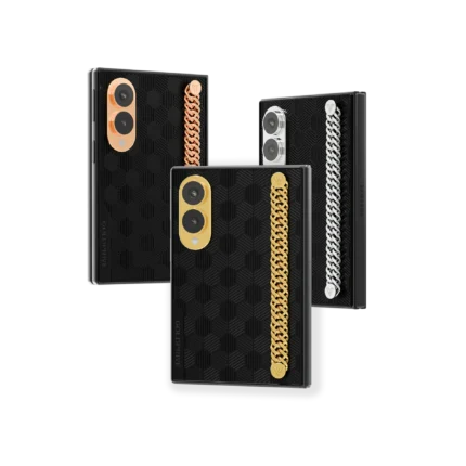 Ledger Link Gold Samsung Galaxy Z Fold8 in 24K Gold, Rose Gold and Platinum with a vertical curb chain on a black hexagon back