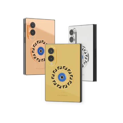 Meandros Blessing Eye Gold Samsung Galaxy Z Fold8 in 24K Gold, Rose Gold and Platinum, each with a round Greek key medallion and blue eye