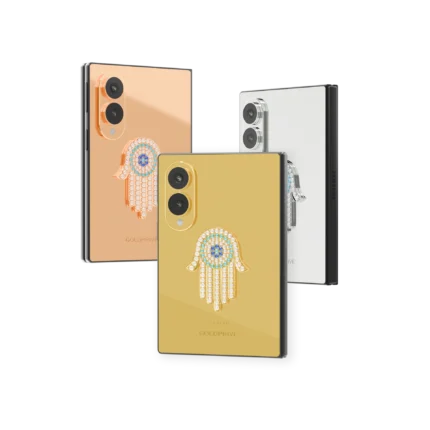 Hamsa Eye Amulet Gold Samsung Galaxy Z Fold8 in 24K Gold, Rose Gold and Platinum, a white-stone hamsa with a turquoise and blue eye on each back