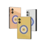 LuxEvil Charm Gold Samsung Galaxy Z Fold8 in 24K Gold, Rose Gold and Platinum, each with a round nazar of blue, white and golden stones