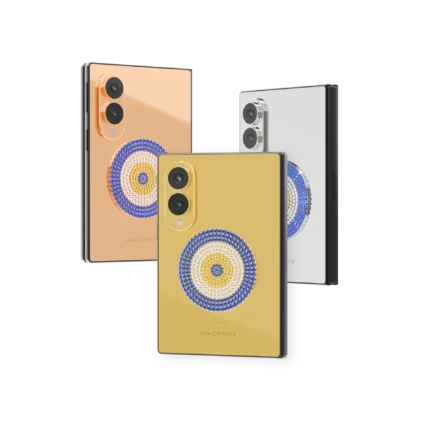 LuxEvil Charm Gold Samsung Galaxy Z Fold8 in 24K Gold, Rose Gold and Platinum, each with a round nazar of blue, white and golden stones