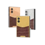 Exotic Royal Gold Samsung Galaxy Z Fold8 in 24K Gold, Rose Gold and Platinum with baroque scrollwork above brown crocodile leather
