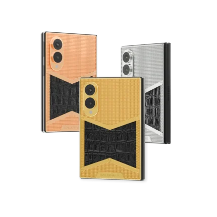 Wild Elegance Victory Gold Samsung Galaxy Z Fold8 in 24K Gold, Rose Gold and Platinum with black crocodile leather between textured metal chevrons