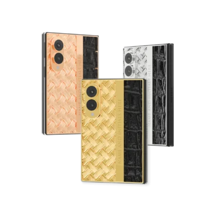 Braid Gold Samsung Galaxy Z Fold8 in 24K Gold, Rose Gold and Platinum with a woven back, name bar and black crocodile strip