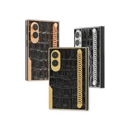 Wild Elegance Link Gold Samsung Galaxy Z Fold8 in Rose Gold, 24K Gold and Platinum with black crocodile leather and a curb chain